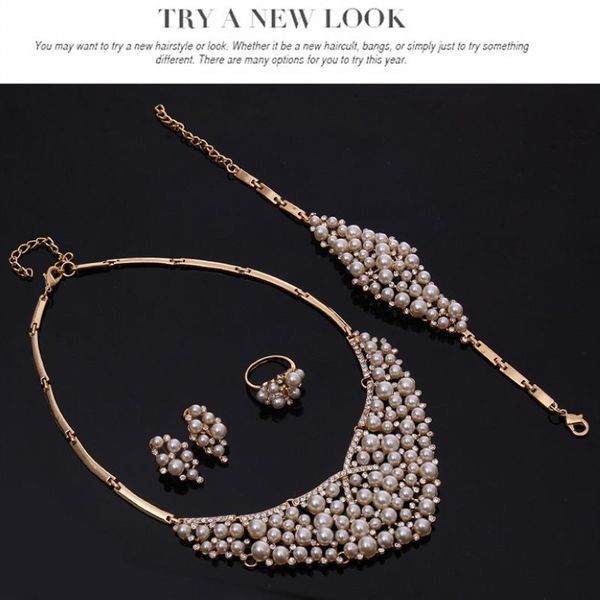 Modern nyaklánc gyűrűs fülbevaló és karkötő díszgyöngyökkel