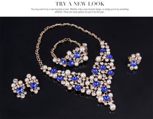 Μοντέρνο γυναικείο σετ κολιέ με βραχιόλι και δαχτυλίδι με διακοσμητικές πέτρες