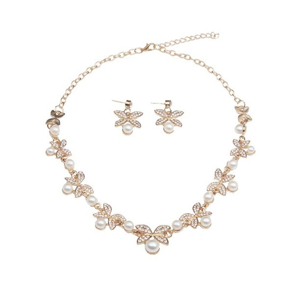 Elegantiškas moteriškas karolių ir auskarų komplektas su perlais ir akmenimis