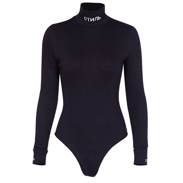 Moodne naiste body polo krae ja pikkade varrukatega musta värvi