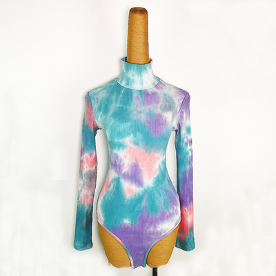 Γυναικείο χρωματιστό κορμάκι με ψηλό γιακά και μακριά μανίκια