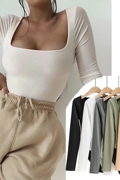 Női napi body négyszögletes nyakkivágással és hosszú ujjal