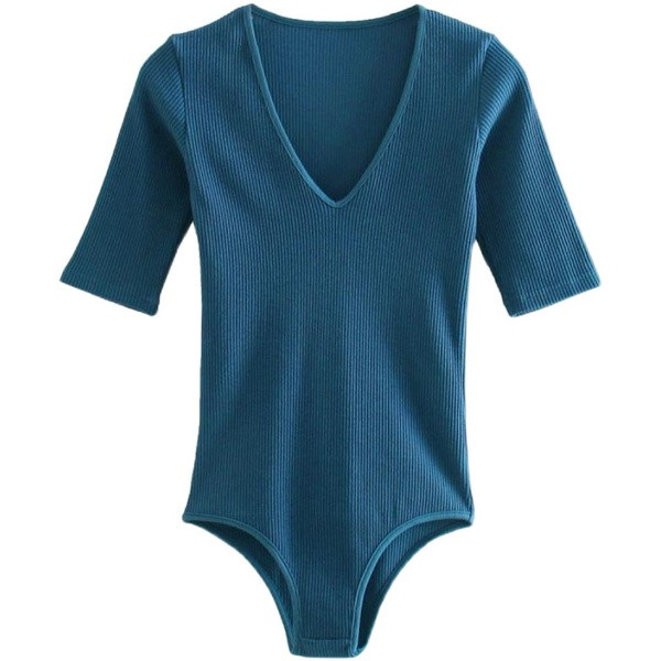 Női test spitz nyakkivágással és rövid ujjú kék színben