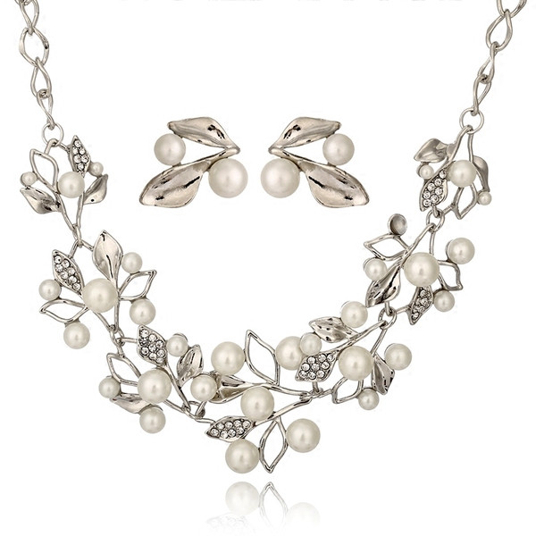 Μοντέρνο γυναικείο σετ κολιέ και σκουλαρίκια με  διακοσμητικές πέτρες και πέρλες