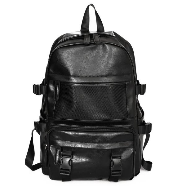 Мъжка ежедневна кожена раница с цип и преден джоб в черен цвят