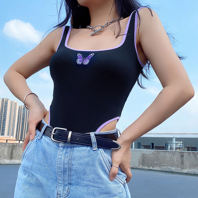 Дамско изрязано боди с широки презрамки и апликация