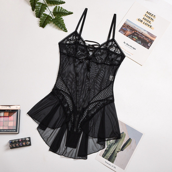 Body de dama elegant din dantela cu cravate in negru