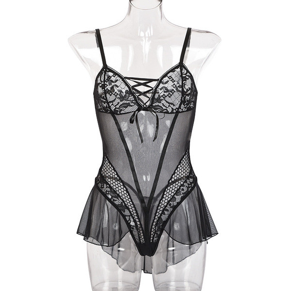 Body de dama elegant din dantela cu cravate in negru