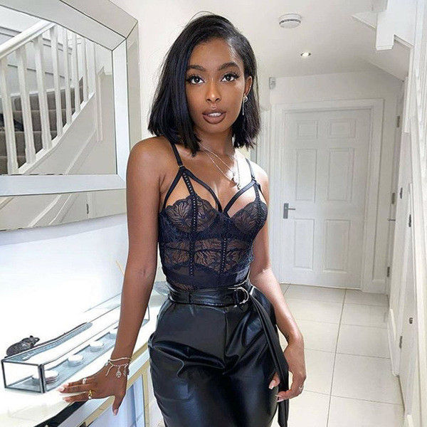 Body dama din dantela cu bretele subtiri - culoare neagra