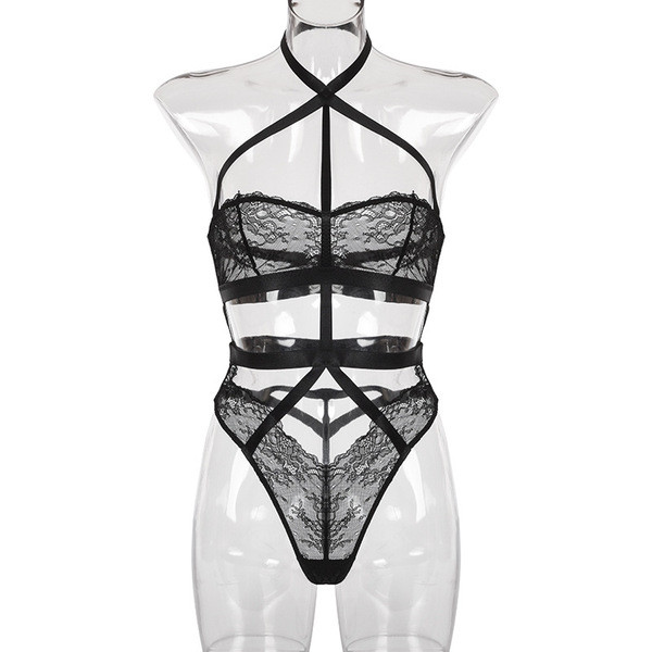 Модерно дамско дантелено боди в черен цвят 