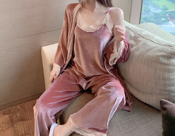 Модерна дамска дълга пижама с данетла от три части