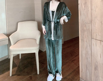 Модерна дамска дълга пижама с данетла от три части