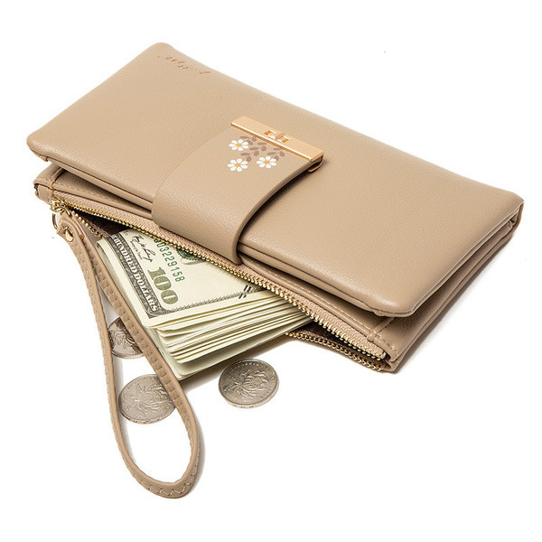 Дамски кожен портфейл с апликация цвете