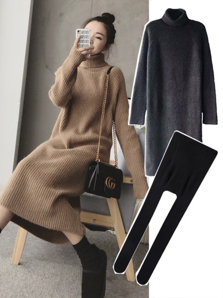 Kötött női hosszú ruha magas pólógallérral, négy színben