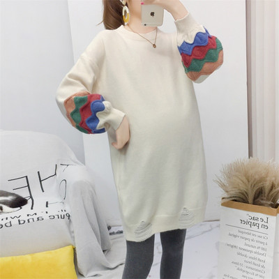 Дълъг дамски пуловер за бременни с обло деколте