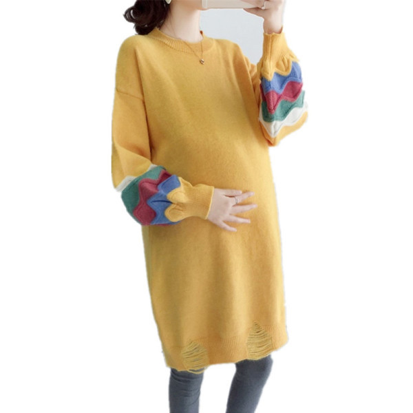 Дълъг дамски пуловер за бременни с обло деколте