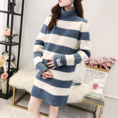 Csíkos hosszú pulóver terhes nők számára, magas gallérral