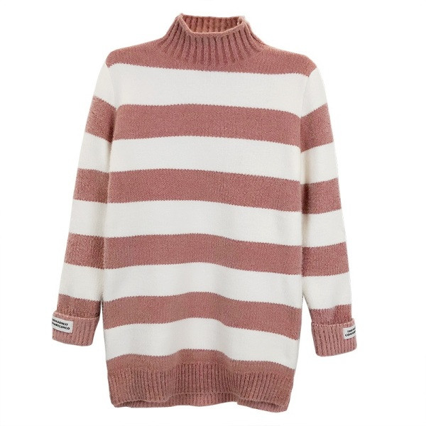 Csíkos hosszú pulóver terhes nők számára, magas gallérral