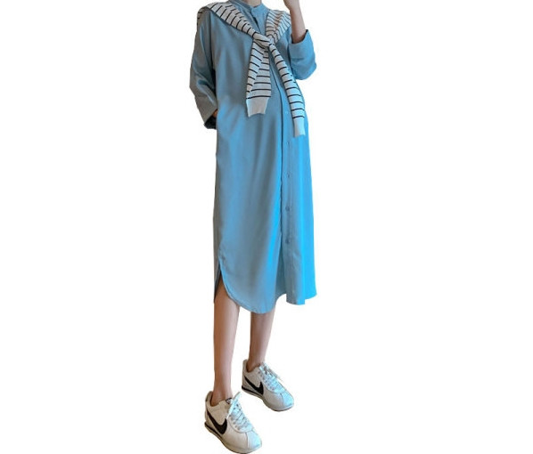 Ежедневна дамска дълга риза с копчета в син цвят 