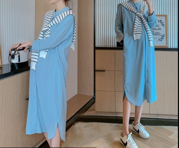 Ежедневна дамска дълга риза с копчета в син цвят 