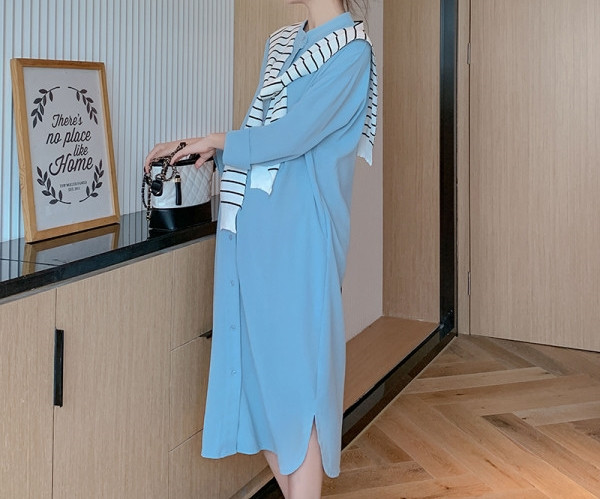 Ежедневна дамска дълга риза с копчета в син цвят 