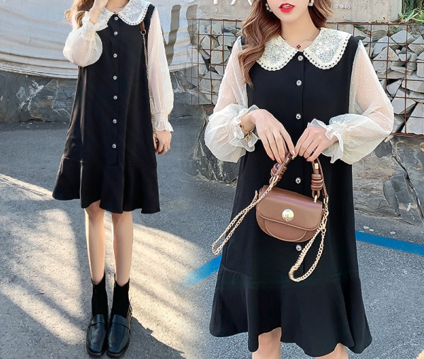 Lezser női ruha tüll ujjal és klasszikus gallérral