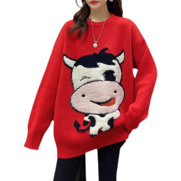 Ежедневен дамски пуловер с овално деколте и апликация