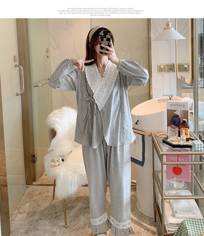 Pamut pizsama csipkével és nyakkendővel terhes nők számára