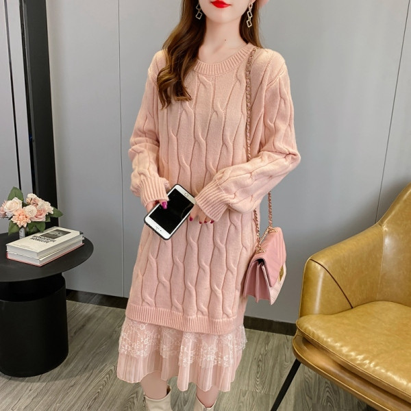 Duga haljina za trudnice s čipkom i ovalnim izrezom