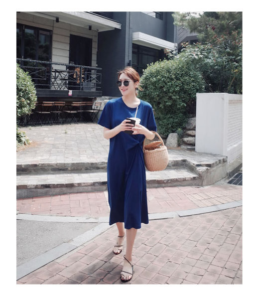 Sinist värvi lühikeste varrukatega naiste kleit rasedatele