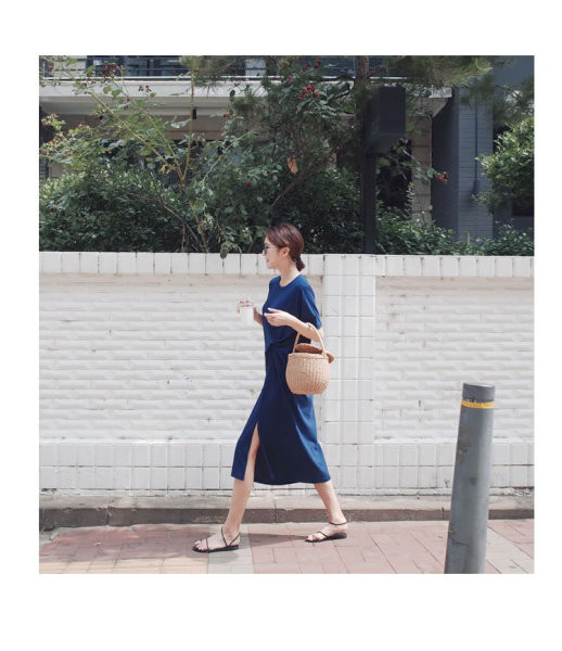 Sinist värvi lühikeste varrukatega naiste kleit rasedatele