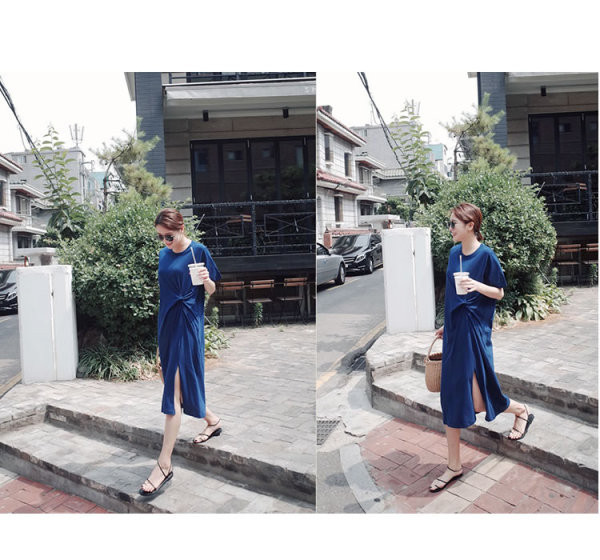 Sinist värvi lühikeste varrukatega naiste kleit rasedatele