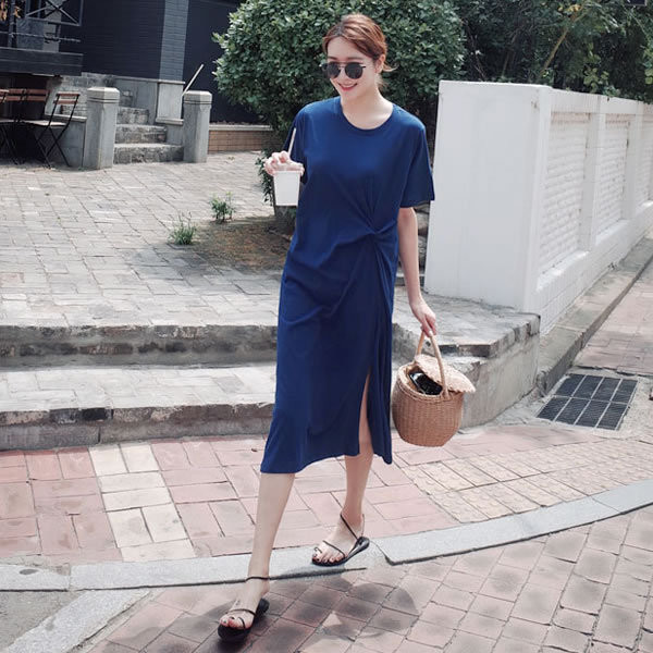 Sinist värvi lühikeste varrukatega naiste kleit rasedatele