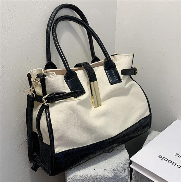 Nagyméretű textiltáska eco-bőr elemekkel