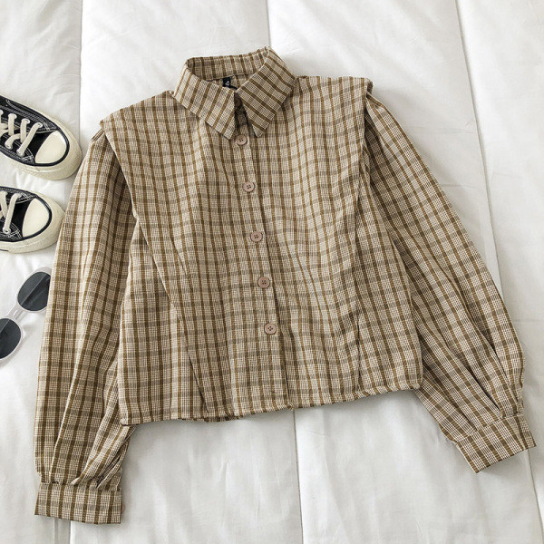 Ženska karirana košulja s klasičnim ovratnikom i dugim rukavima