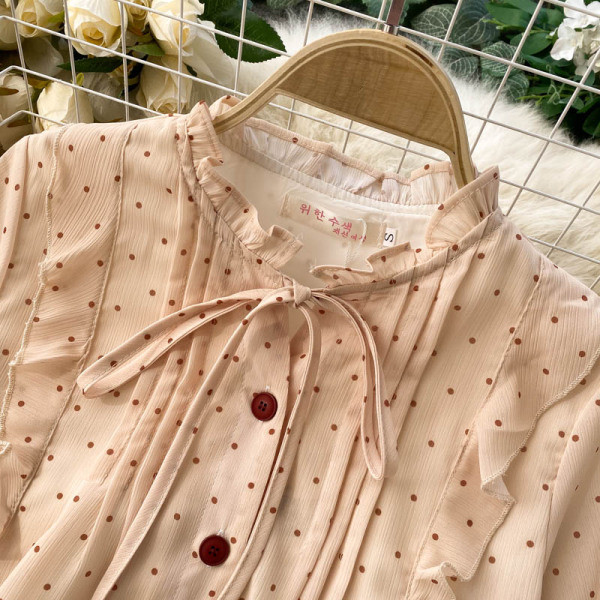 Μοντέρνο γυναικείο πουκάμισο πουά  με κορδέλα στο γιακά
