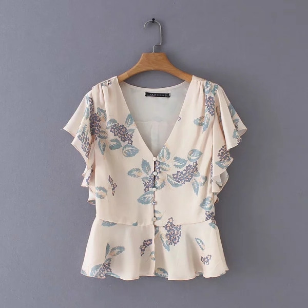 Suvine naiste särk lootosevarrukate ja spitsikaelusega