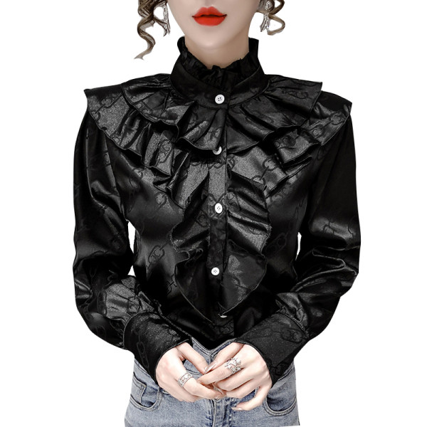 Модерна дамска риза с поло яка и къдри в черен и бял цвят