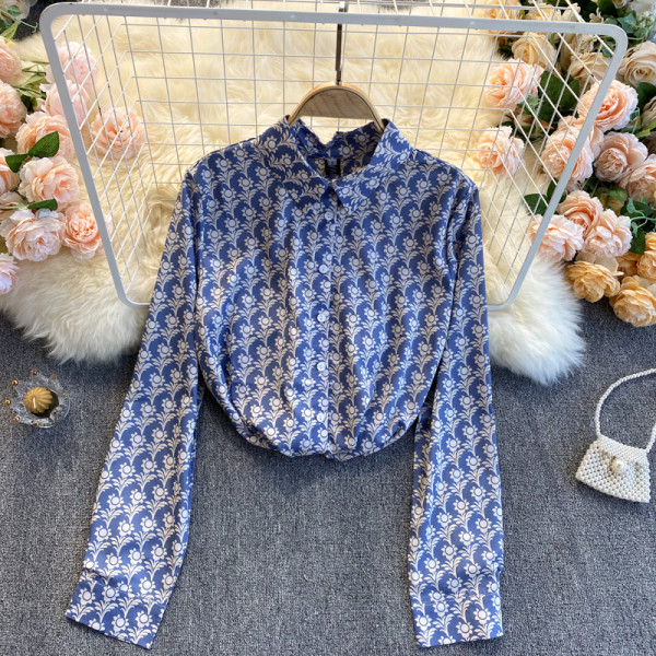 Retro ženska košulja dugih rukava plave boje