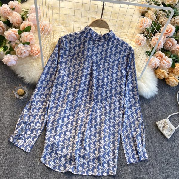 Retro ženska košulja dugih rukava plave boje