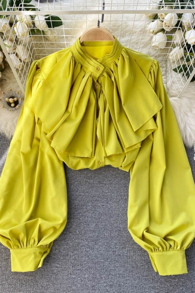 Стилна дамска риза с къдри и ниска яка