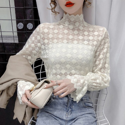 Női csipke ing magas gallérral és lótusz ujjú