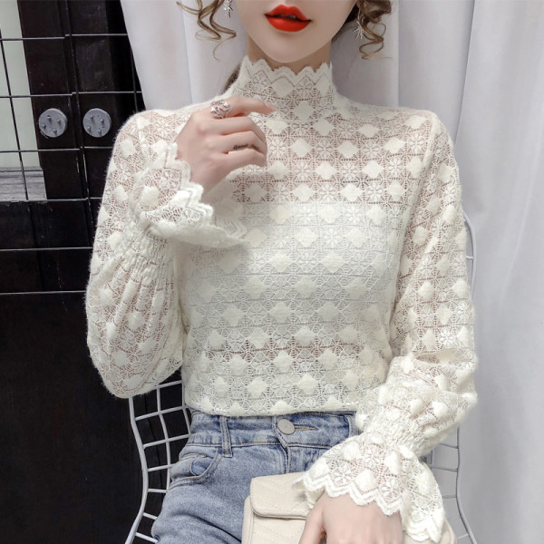 Női csipke ing magas gallérral és lótusz ujjú