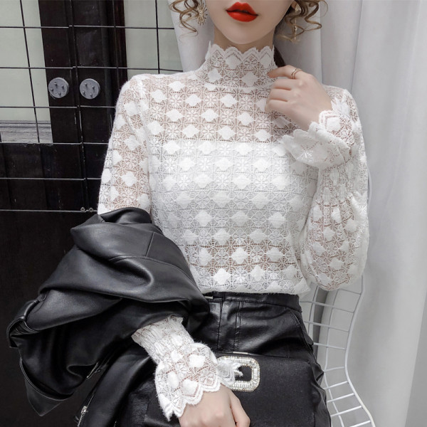 Női csipke ing magas gallérral és lótusz ujjú