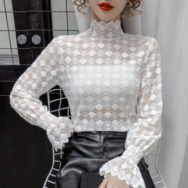 Női csipke ing magas gallérral és lótusz ujjú