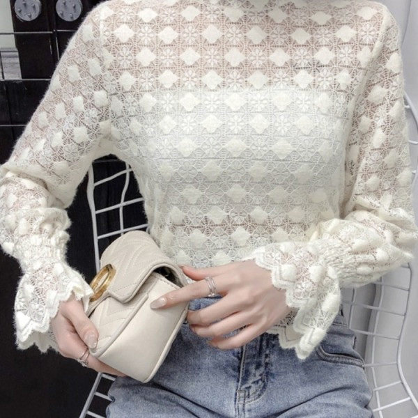 Női csipke ing magas gallérral és lótusz ujjú