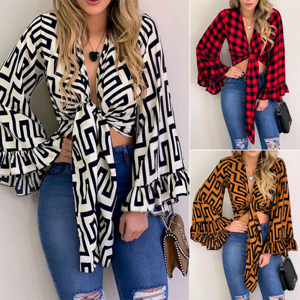 Új modell női ing geometrikus mintával és széles ujjakkal