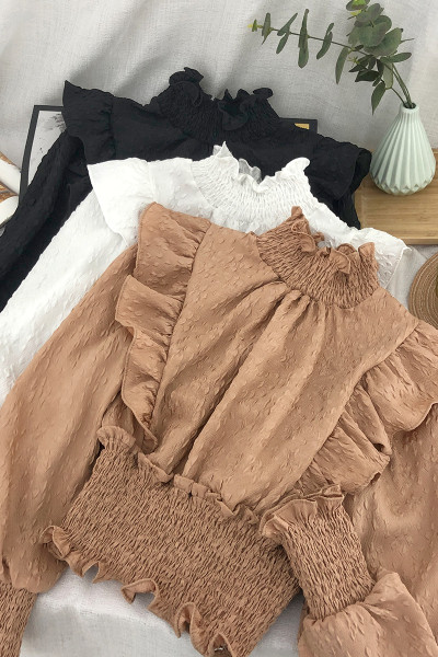 Női ing magas gallérral, hosszú ujjú gumis derékkal