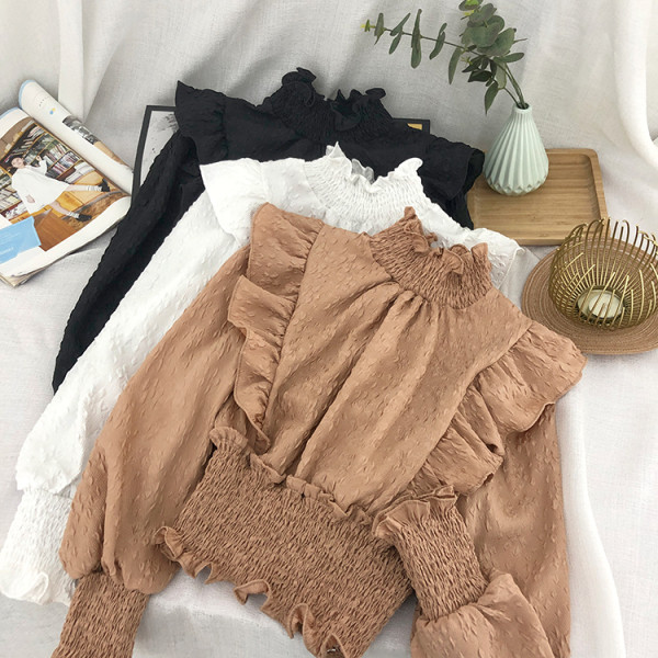 Női ing magas gallérral, hosszú ujjú gumis derékkal