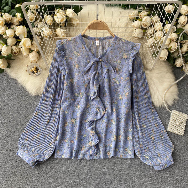 Virágmintás, redős ujjú női ing